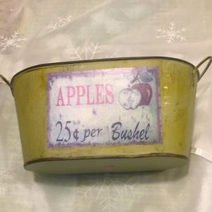 Apples Metal Decorating fruit Bucket 9”x5”x6” Lt Green Distressed look W Handles
